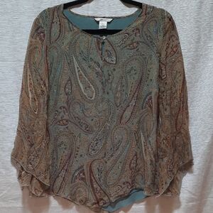 Blue and Brown Asymmetrical Bell Sleeve Blouse